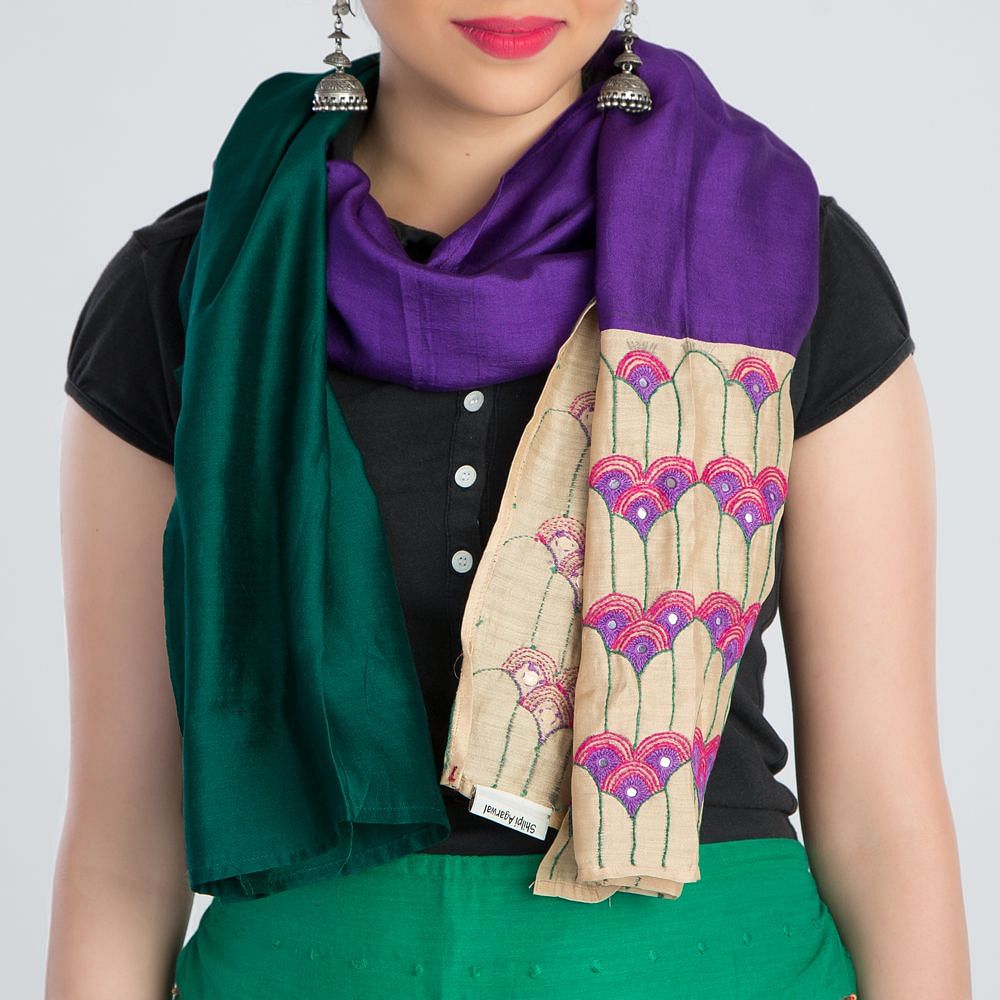 Green Purple Embroidered Silk Stole