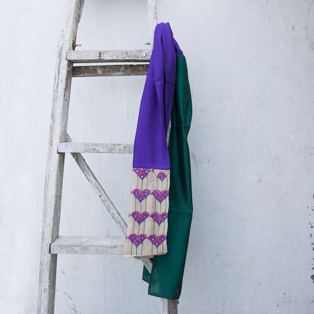 Green Purple Embroidered Silk Stole