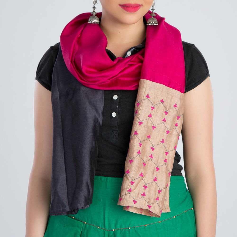 Grey Pink Embroidered Silk Stole