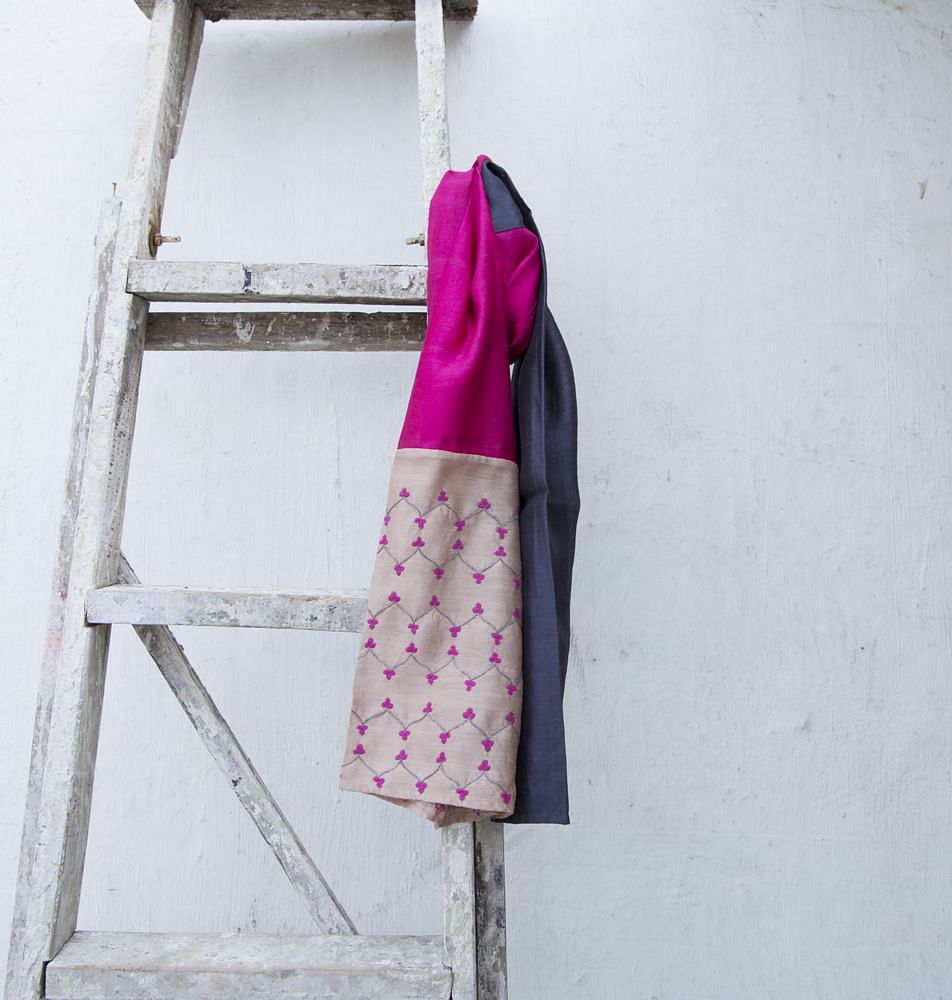 Grey Pink Embroidered Silk Stole
