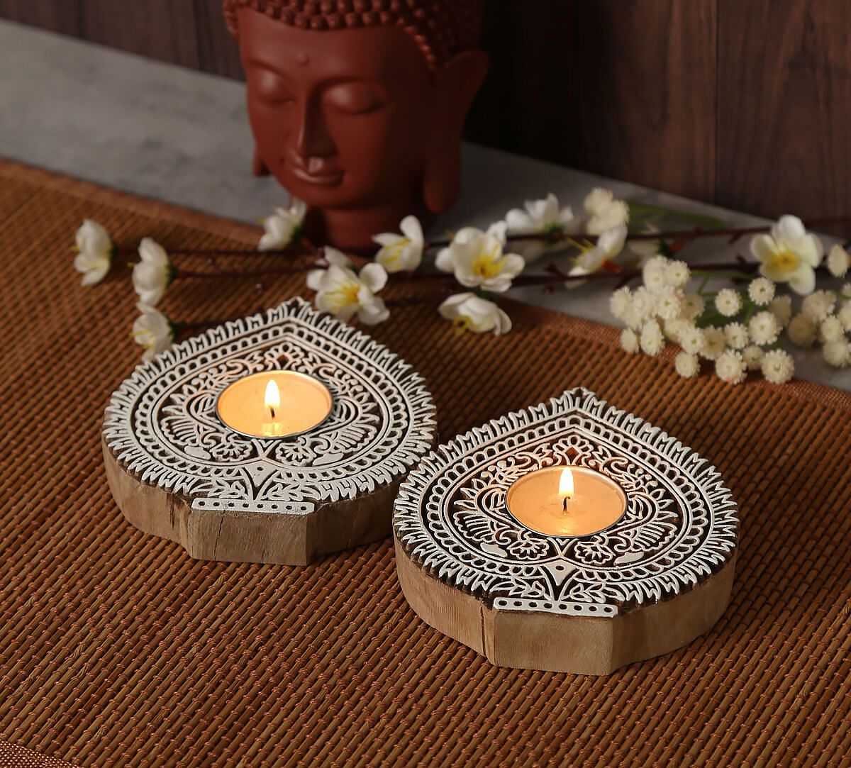 India Circus Arch Shaped Wooden Engraved Tea Light Holder Set of 2