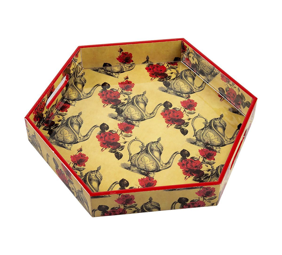 India Circus Beige Mystic Rose Kettles Hexagon Serving Tray