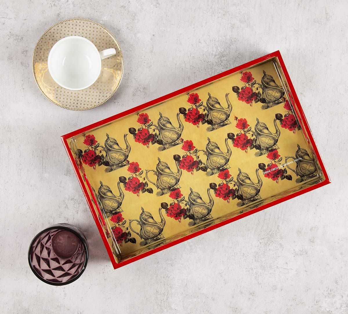 India Circus Beige Mystic Rose Kettles Rectangle Serving Tray