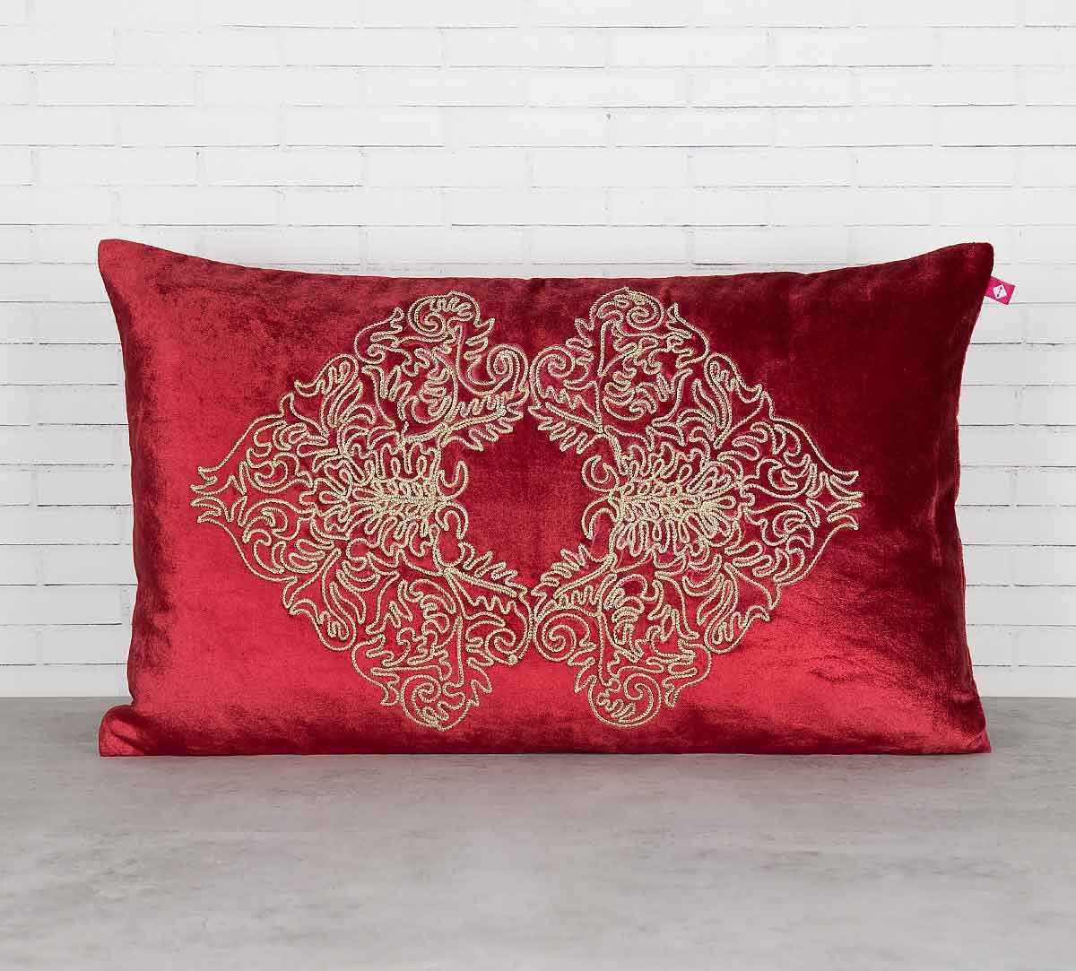 India Circus Bloom Integration Crimson Embroidered Velvet Cushion Cover