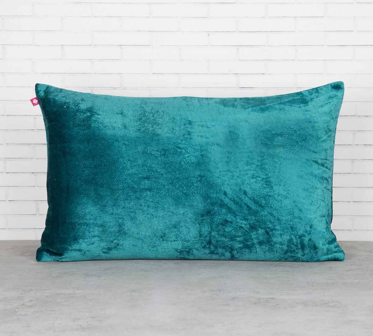 India Circus Bloom Integration Peacock Green Embroidered Velvet Cushion Cover