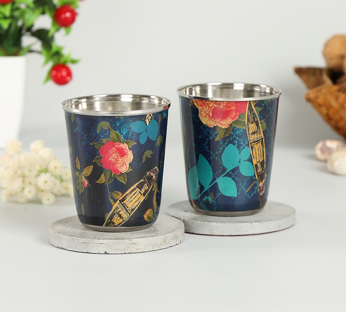 India Circus Blue Floral Lake Inception Small Steel Tumbler (Set of 2)