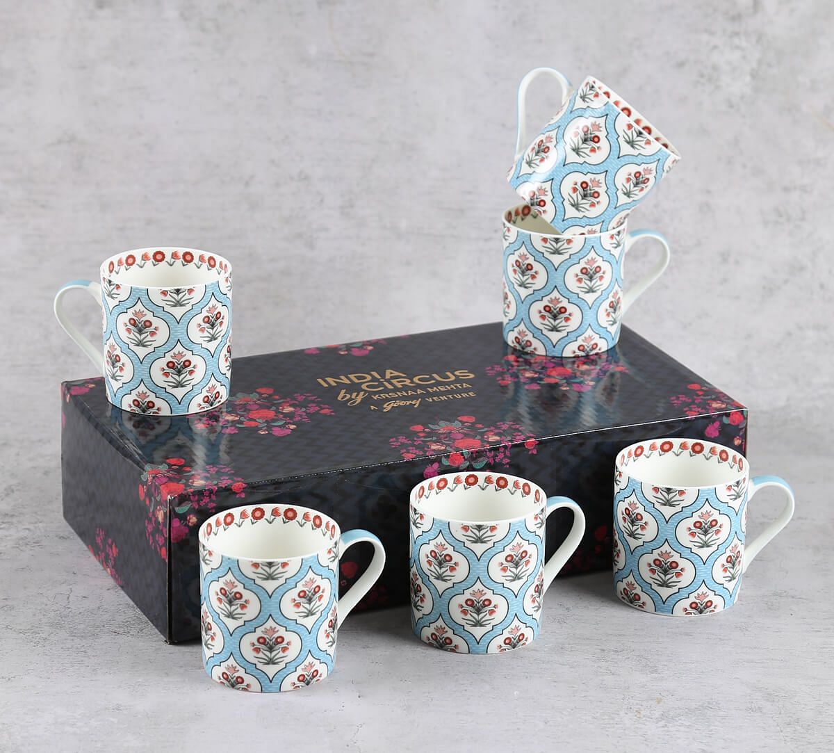 India Circus Blue Lattice Motifs Coffee Mugs Set of 6