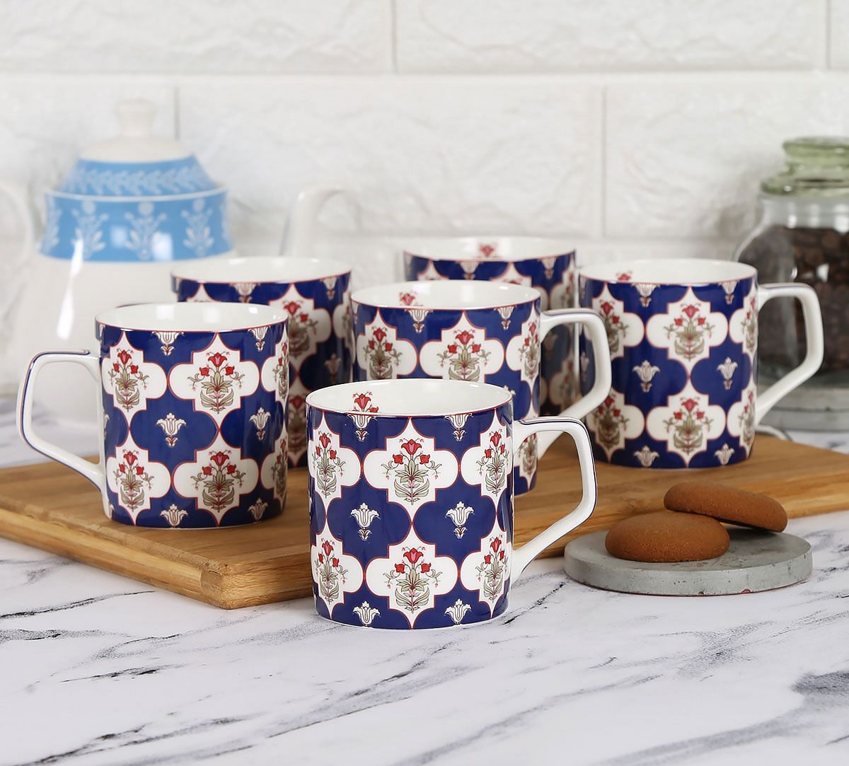 India Circus Blue Lattice Treasures Mug Set of 6