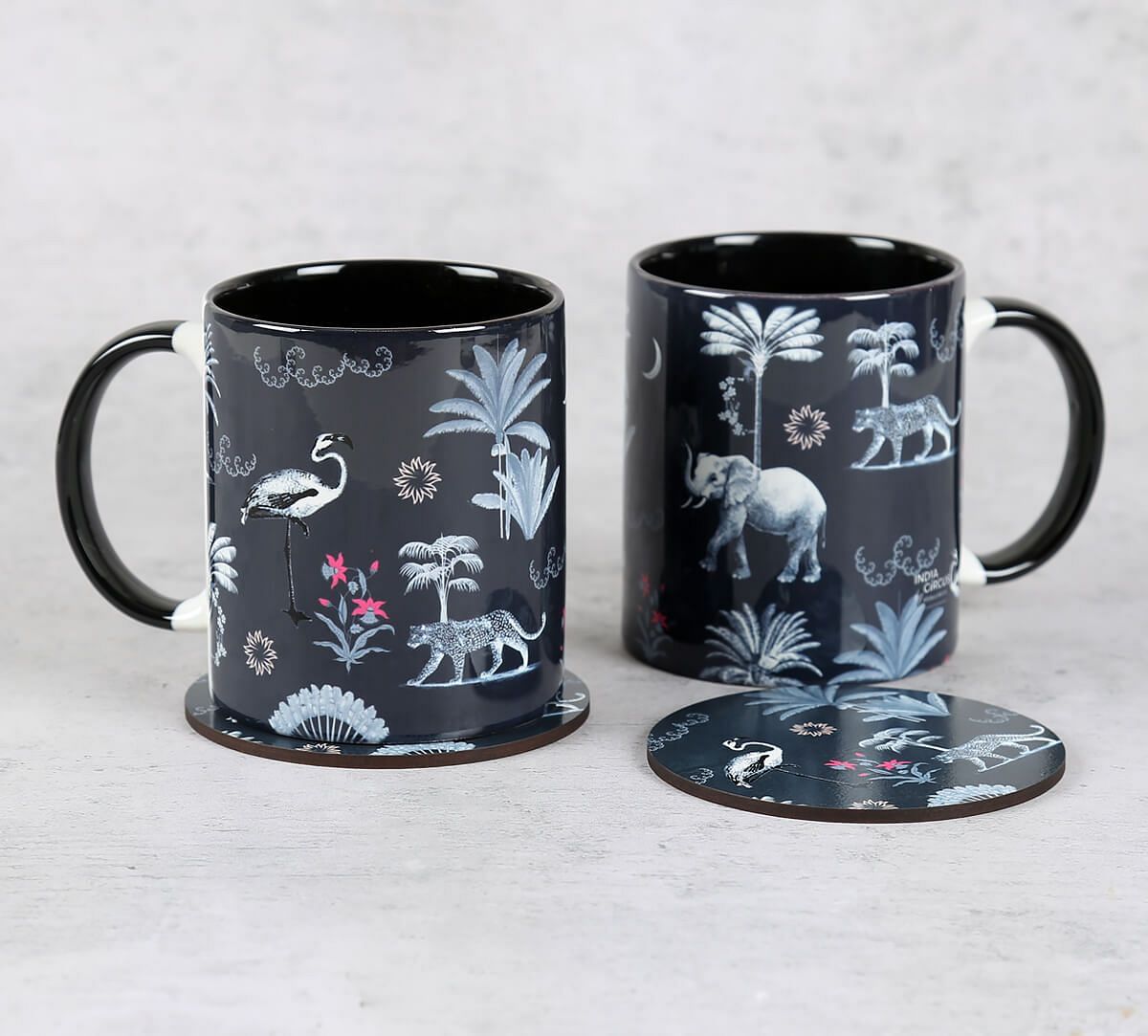 India Circus by Krsnaa Mehta Animalia Creations Ceramic Mugs and Coasters Combo Set of 2