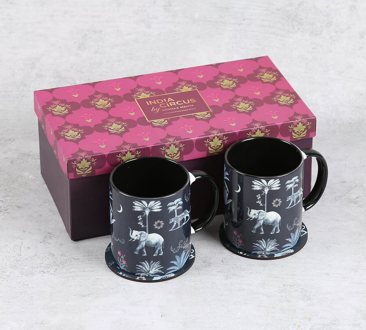 India Circus by Krsnaa Mehta Animalia Creations Ceramic Mugs and Coasters Combo Set of 2