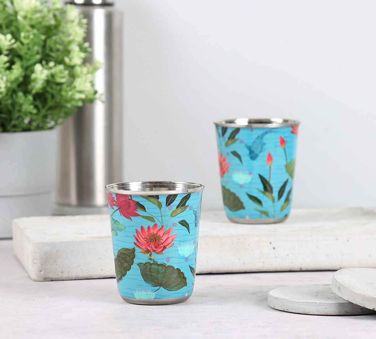 India Circus by Krsnaa Mehta Blossomy Mosaic Small Steel Tumbler Set of 2