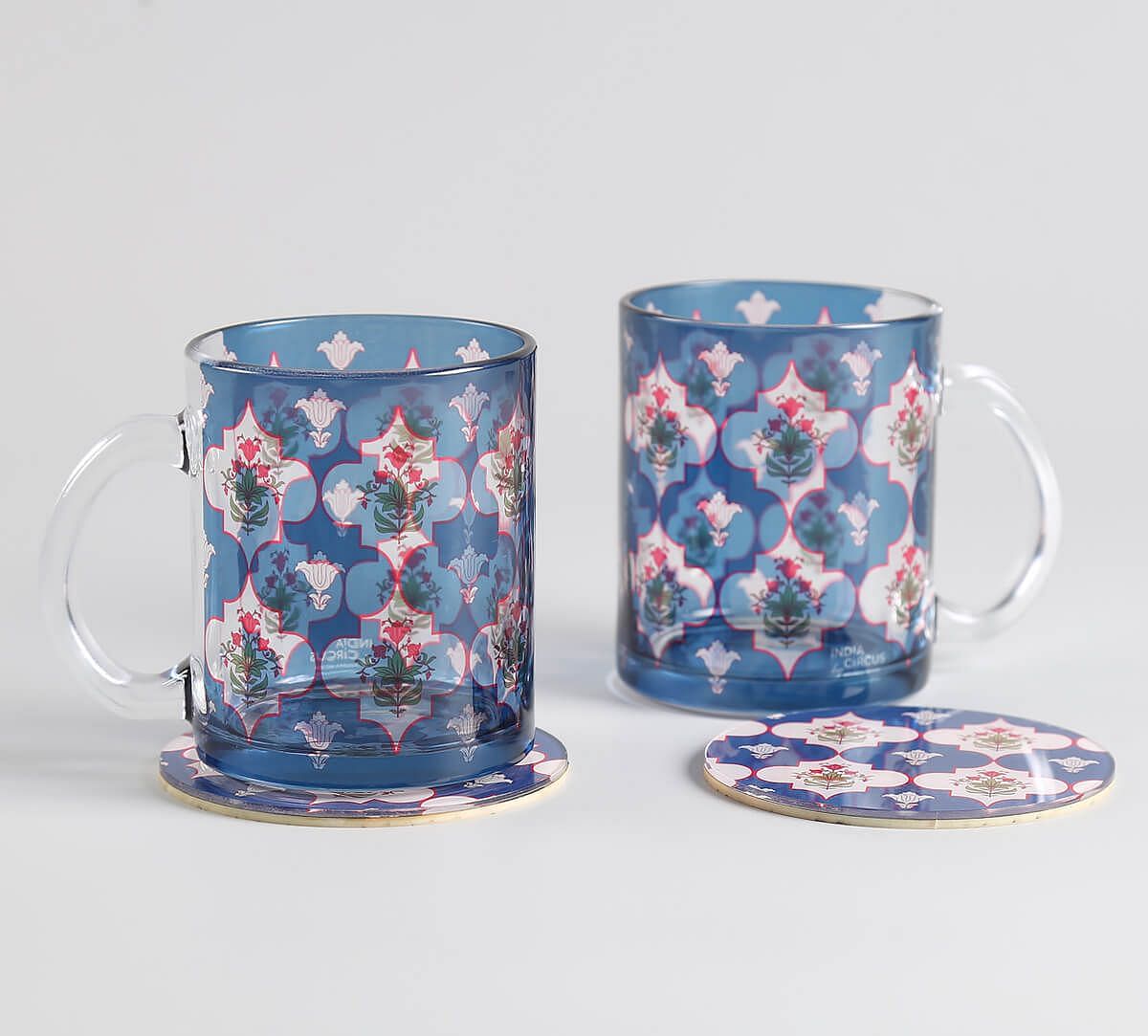 India Circus by Krsnaa Mehta Blue Lattice Treasures Glass Mugs & Coasters Combo - Set of 2