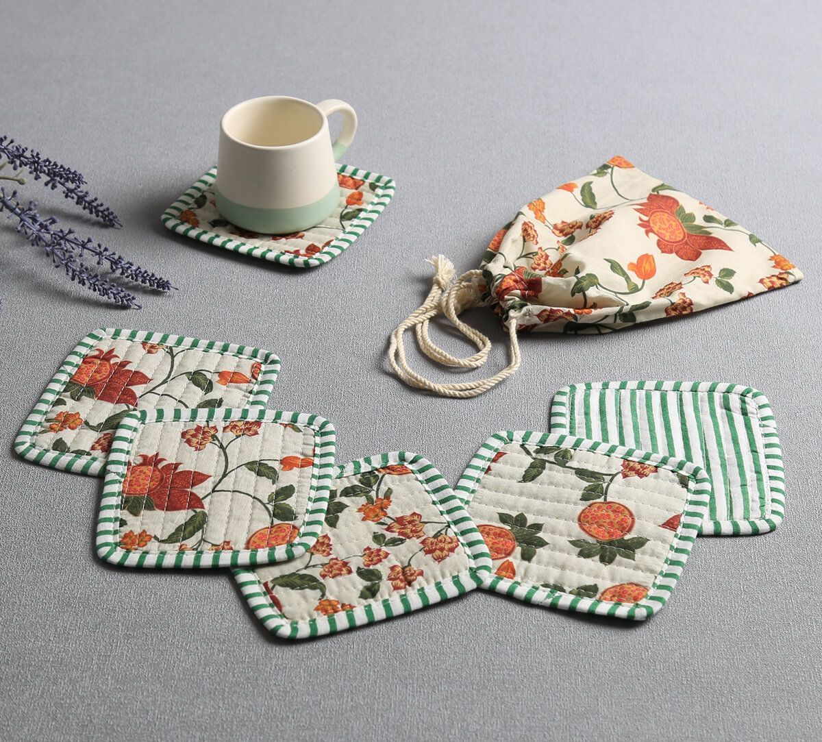 India Circus by Krsnaa Mehta Blushed Orchard Quilted Coasters Set of 6 with Pouch