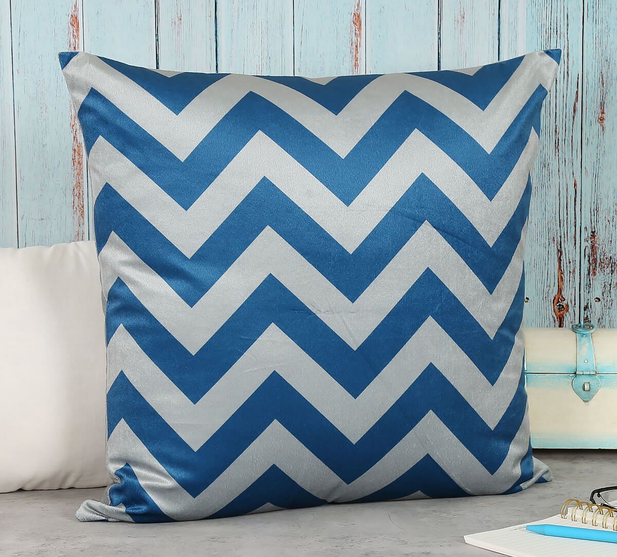 India Circus by Krsnaa Mehta Cerulean Chevron Blended Velvet Cushion Cover