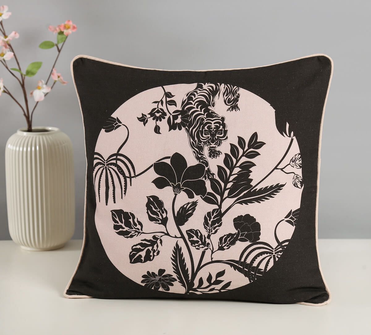 India Circus by Krsnaa Mehta Fleur Greyscale Cotton Duck Cushion Cover