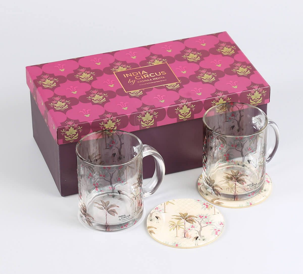 India Circus by Krsnaa Mehta Floral flock Glass Mugs & Coasters Combo - Set of 2