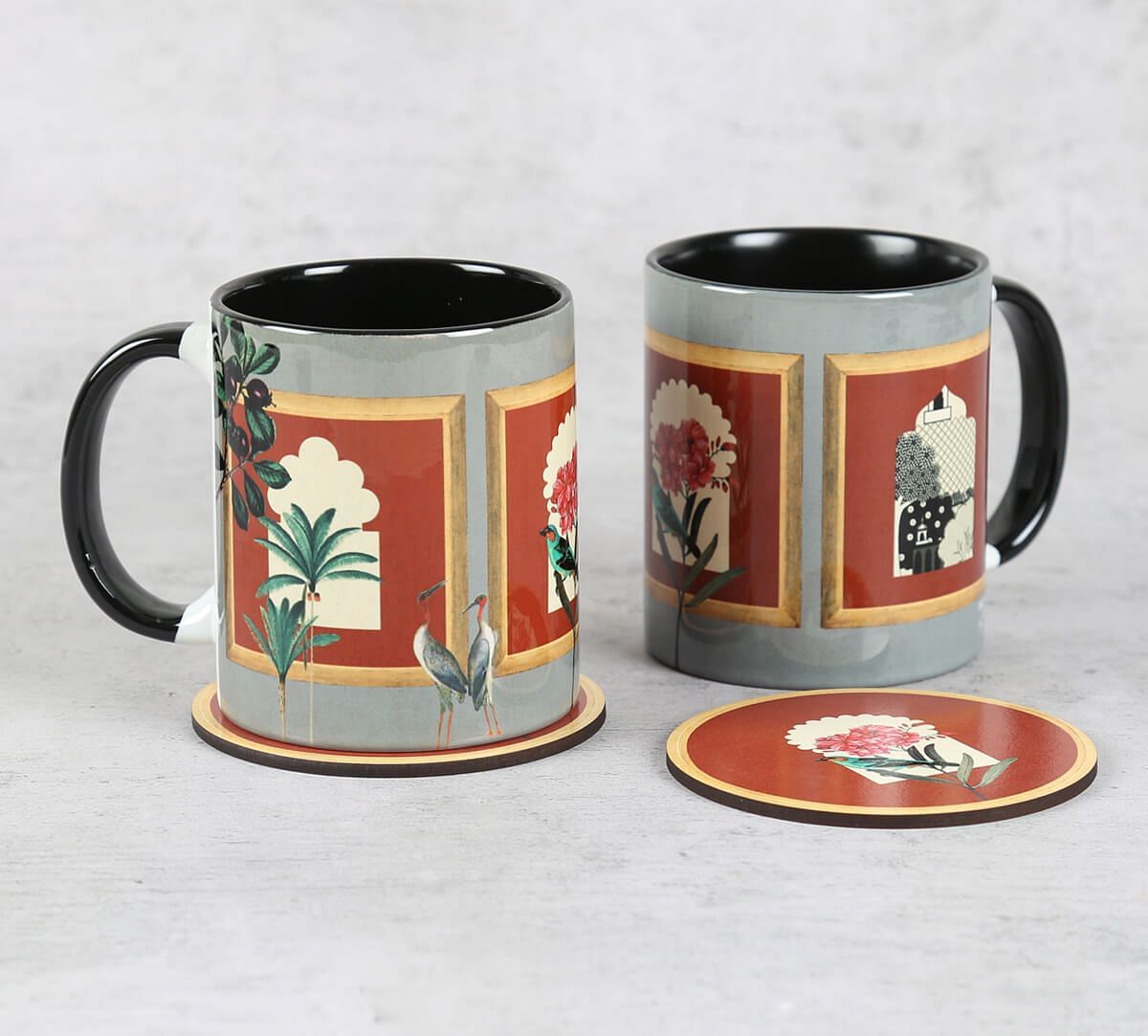 India Circus by Krsnaa Mehta Fluttering Blooms Ceramic Mugs and Coasters Combo Set of 2