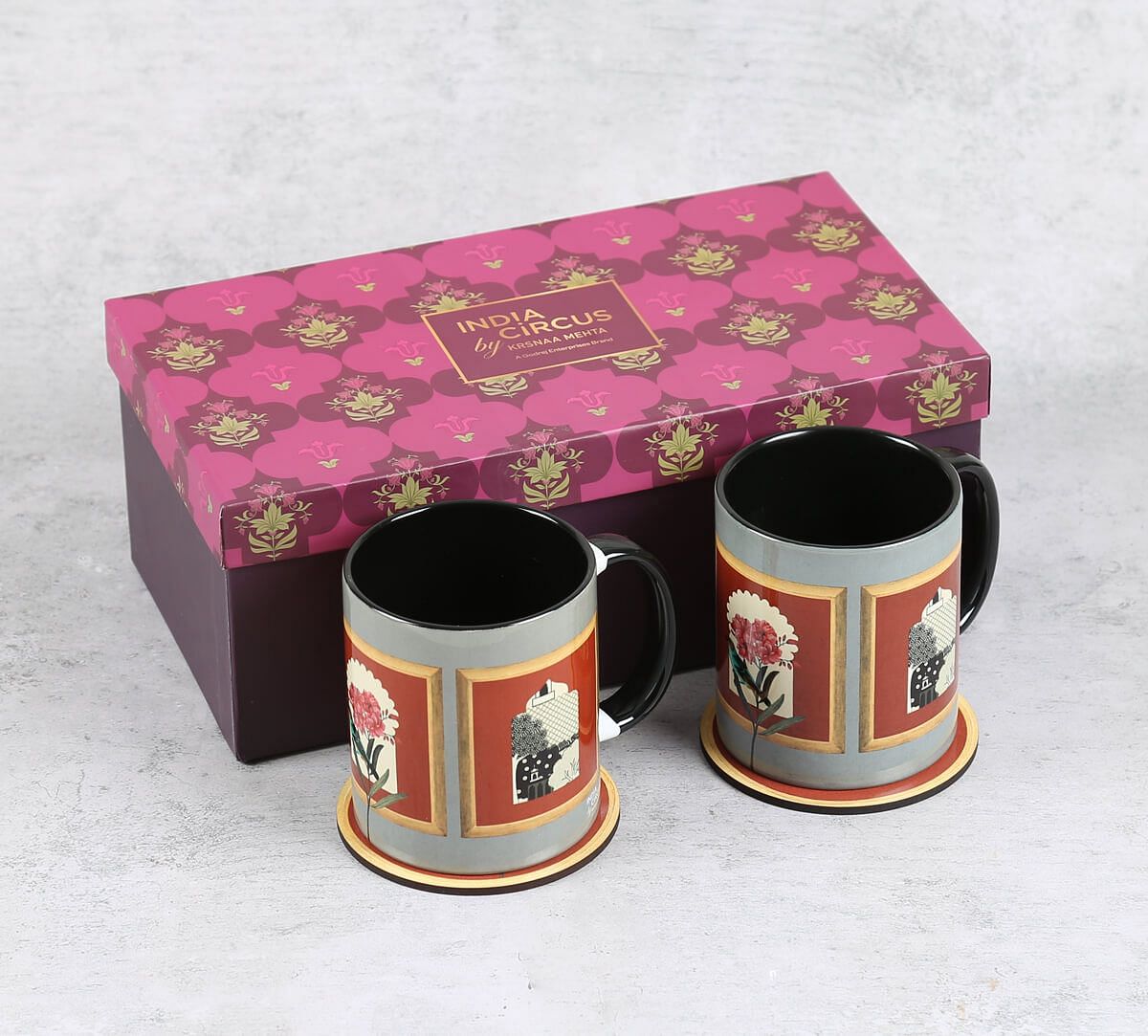 India Circus by Krsnaa Mehta Fluttering Blooms Ceramic Mugs and Coasters Combo Set of 2