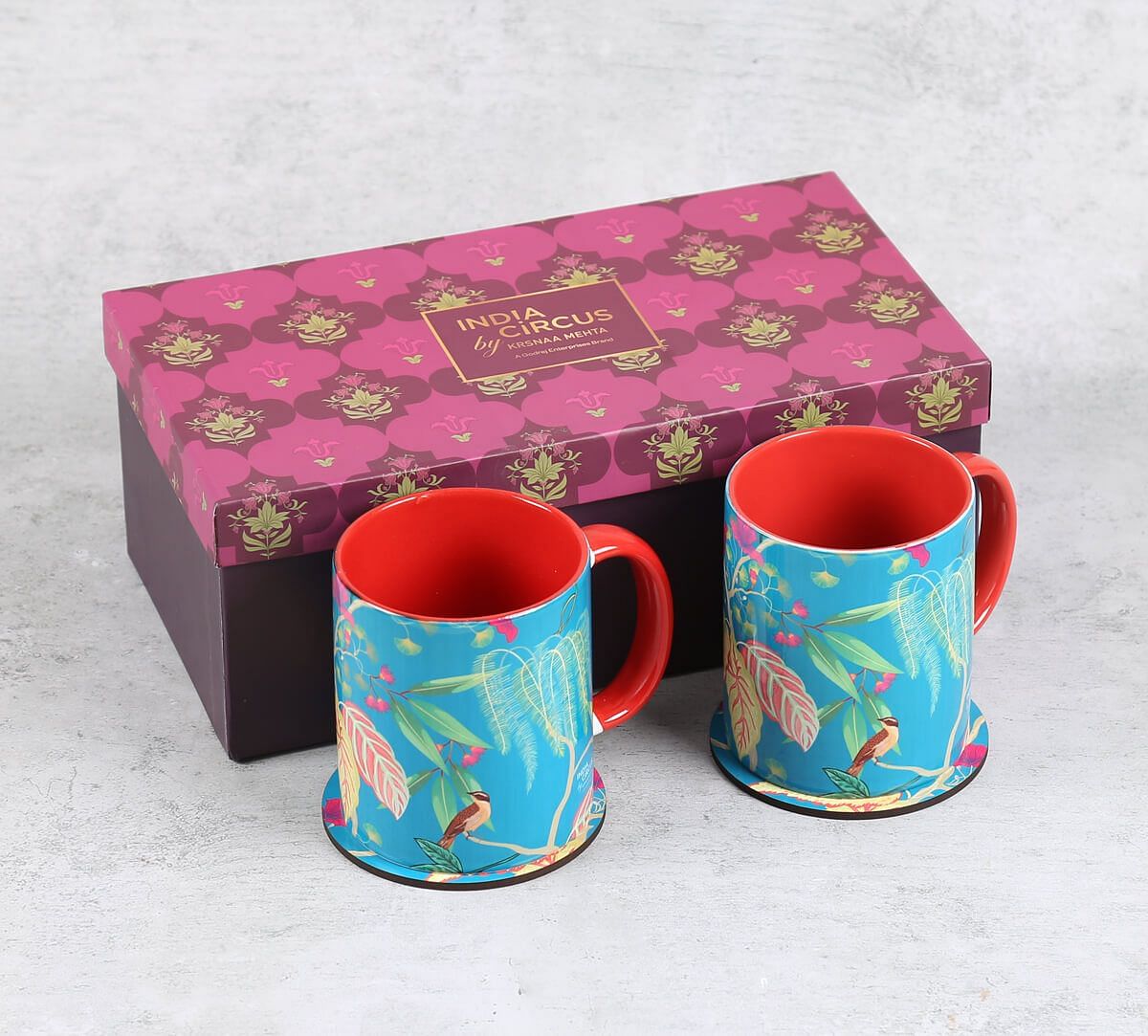 India Circus by Krsnaa Mehta Fronds and Florets Ceramic Mugs and Coasters Combo Set of 2