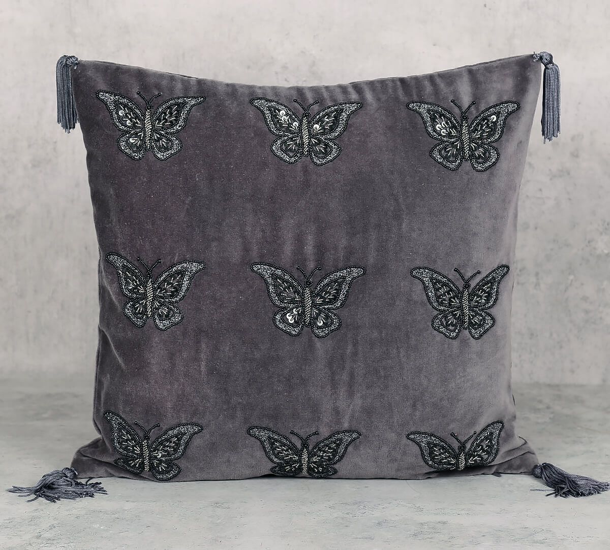 India Circus by Krsnaa Mehta Grey Butterfly Adorn Cushion Cover