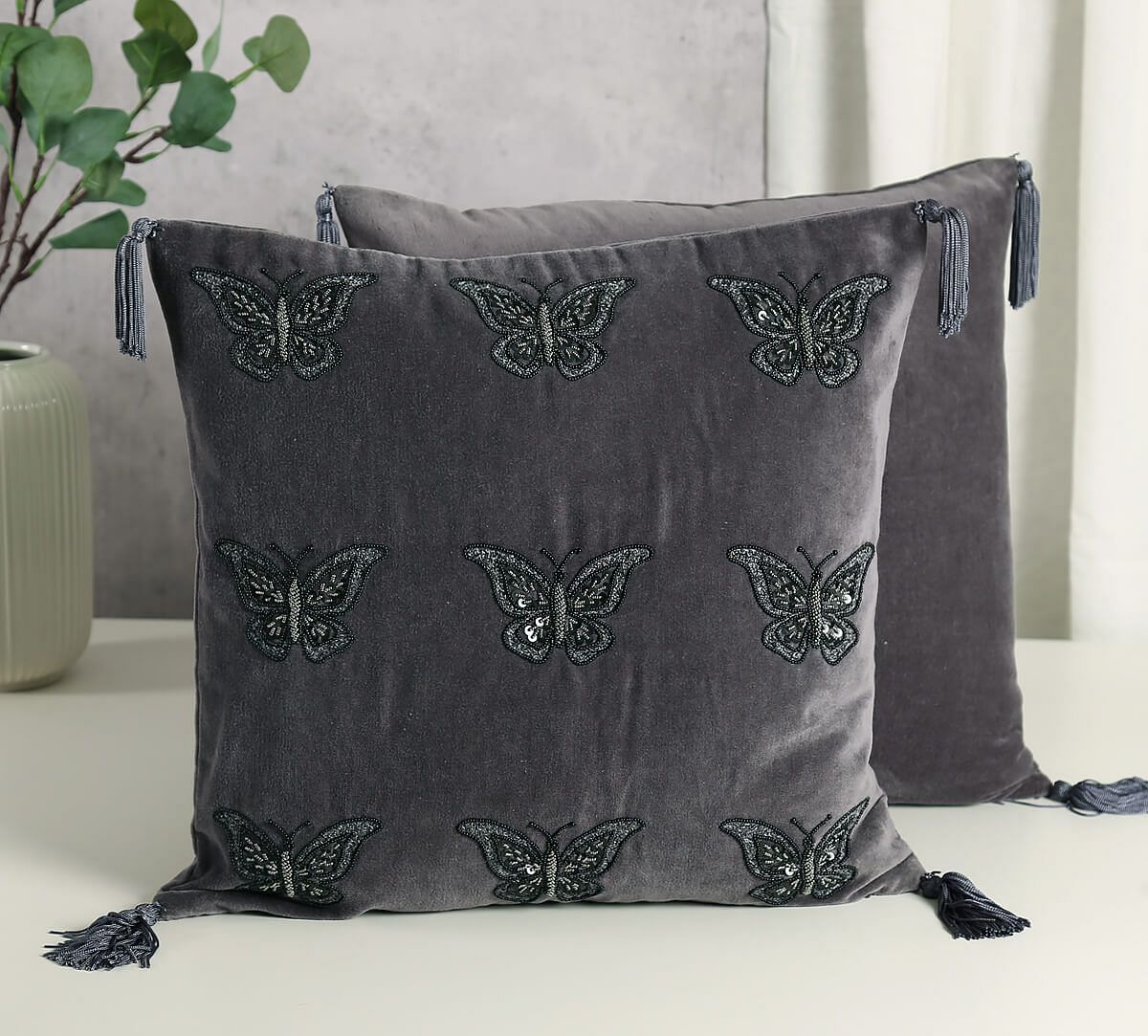 India Circus by Krsnaa Mehta Grey Butterfly Adorn Cushion Cover