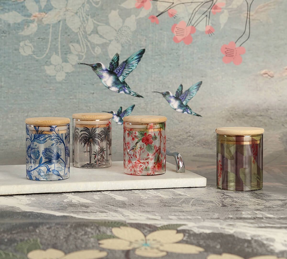India Circus by Krsnaa Mehta Grey Floral Galore Glass Jars Set of 3