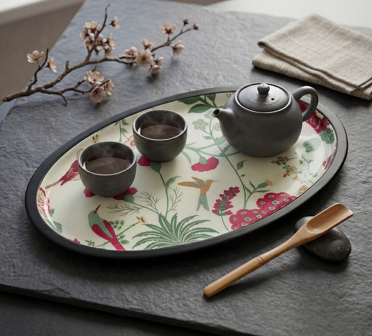 Grey Floral Galore Oval Tray