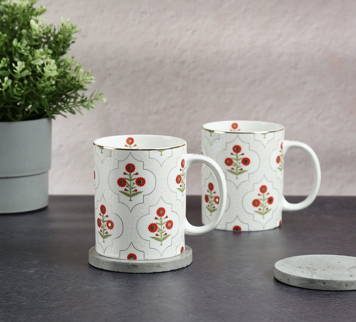 India Circus by Krsnaa Mehta Grey Poppy Flower Mug Set of 2