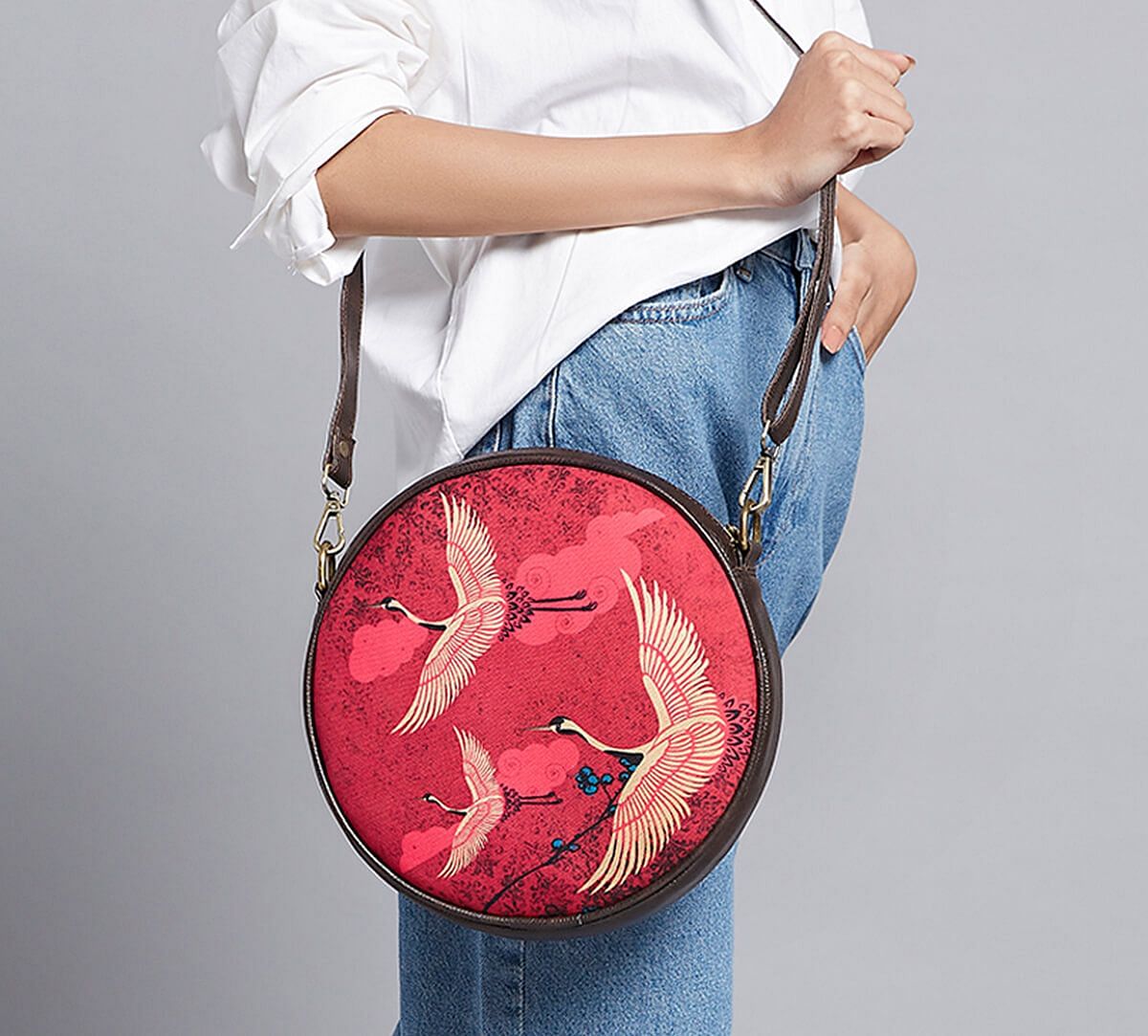 India Circus by Krsnaa Mehta Legend of the Cranes Round Crossbody Bag