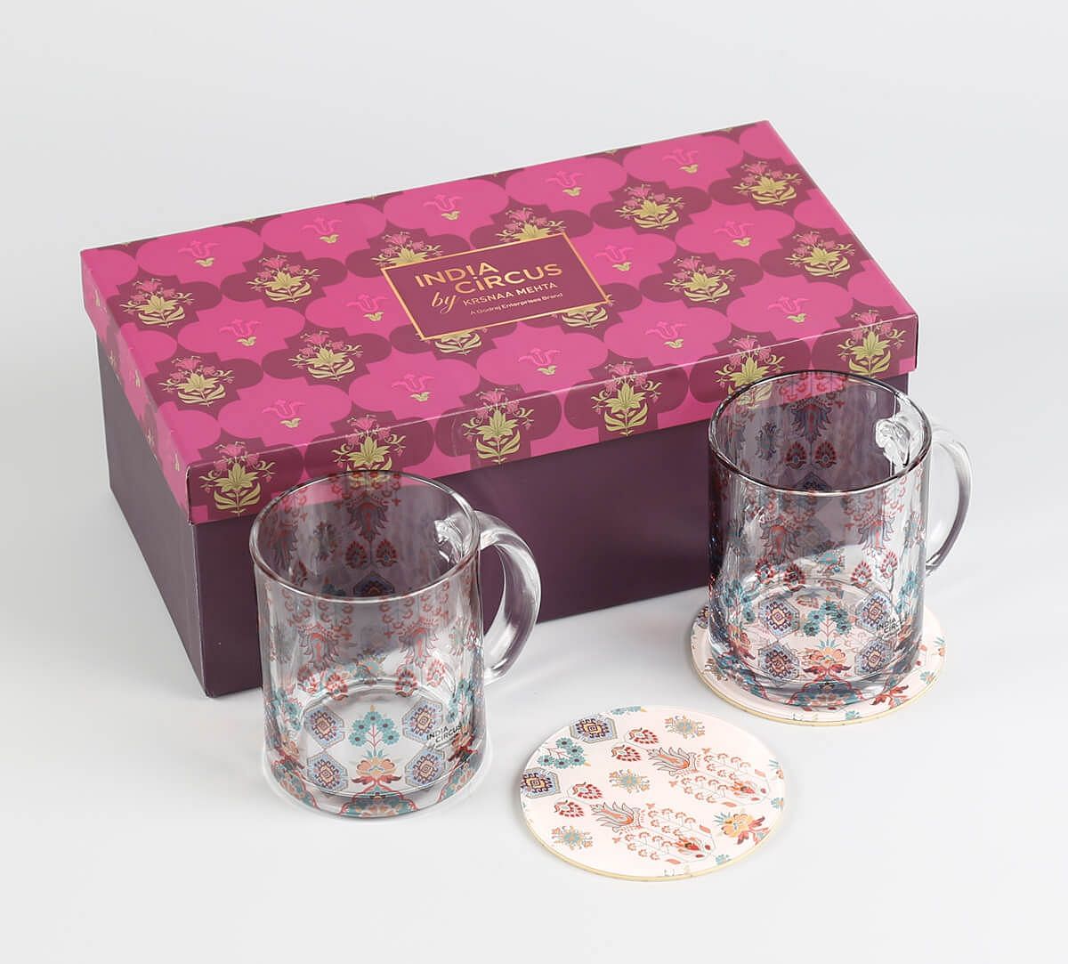 India Circus by Krsnaa Mehta Pearls of Veneration Glass Mugs & Coasters Combo - Set of 2