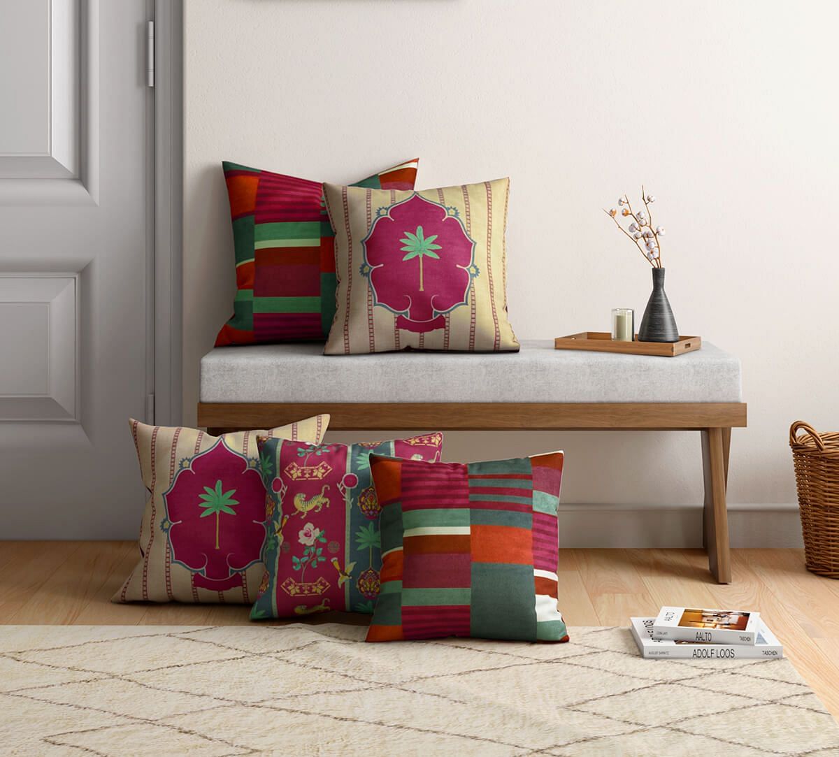 India Circus by Krsnaa Mehta Peepal & Palm Blended Velvet Cushion Cover Set of 5