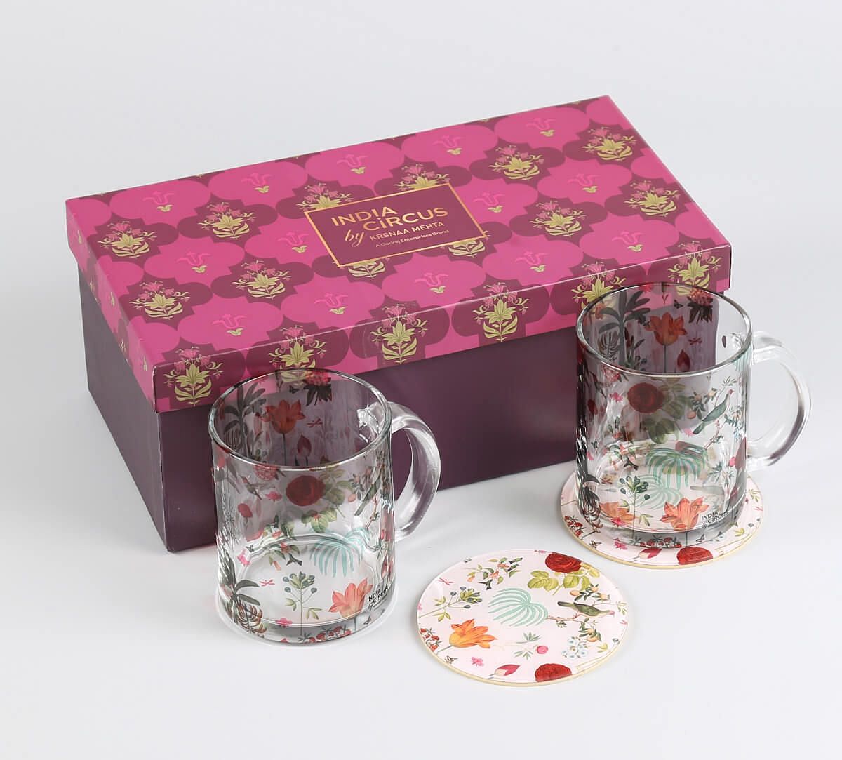 India Circus by Krsnaa Mehta Petal and Plume Glass Mugs & Coasters Combo - Set of 2