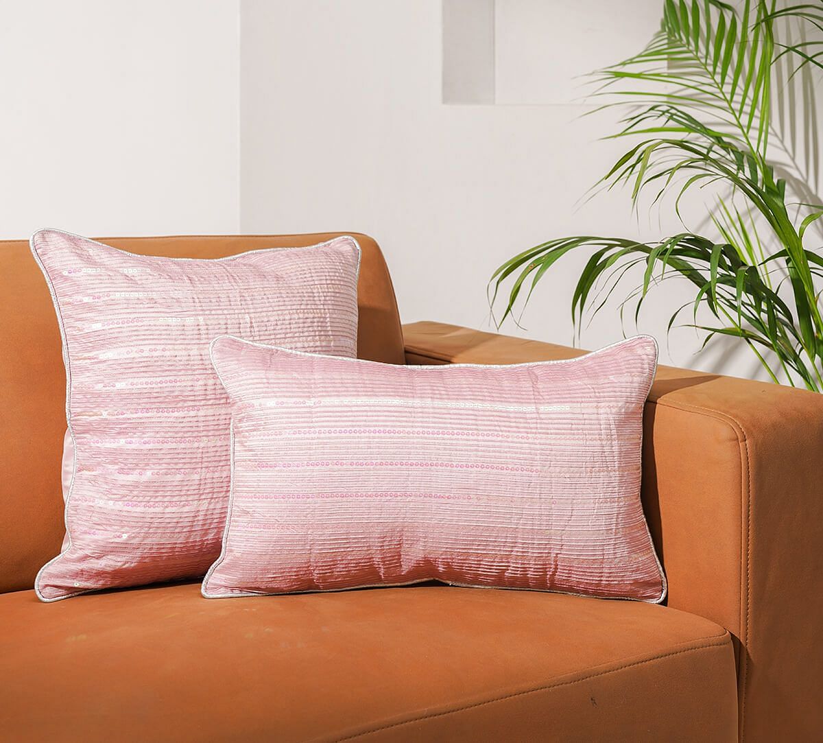 India Circus by Krsnaa Mehta Rose Gold Chanderi Sequins Work Cushion Cover