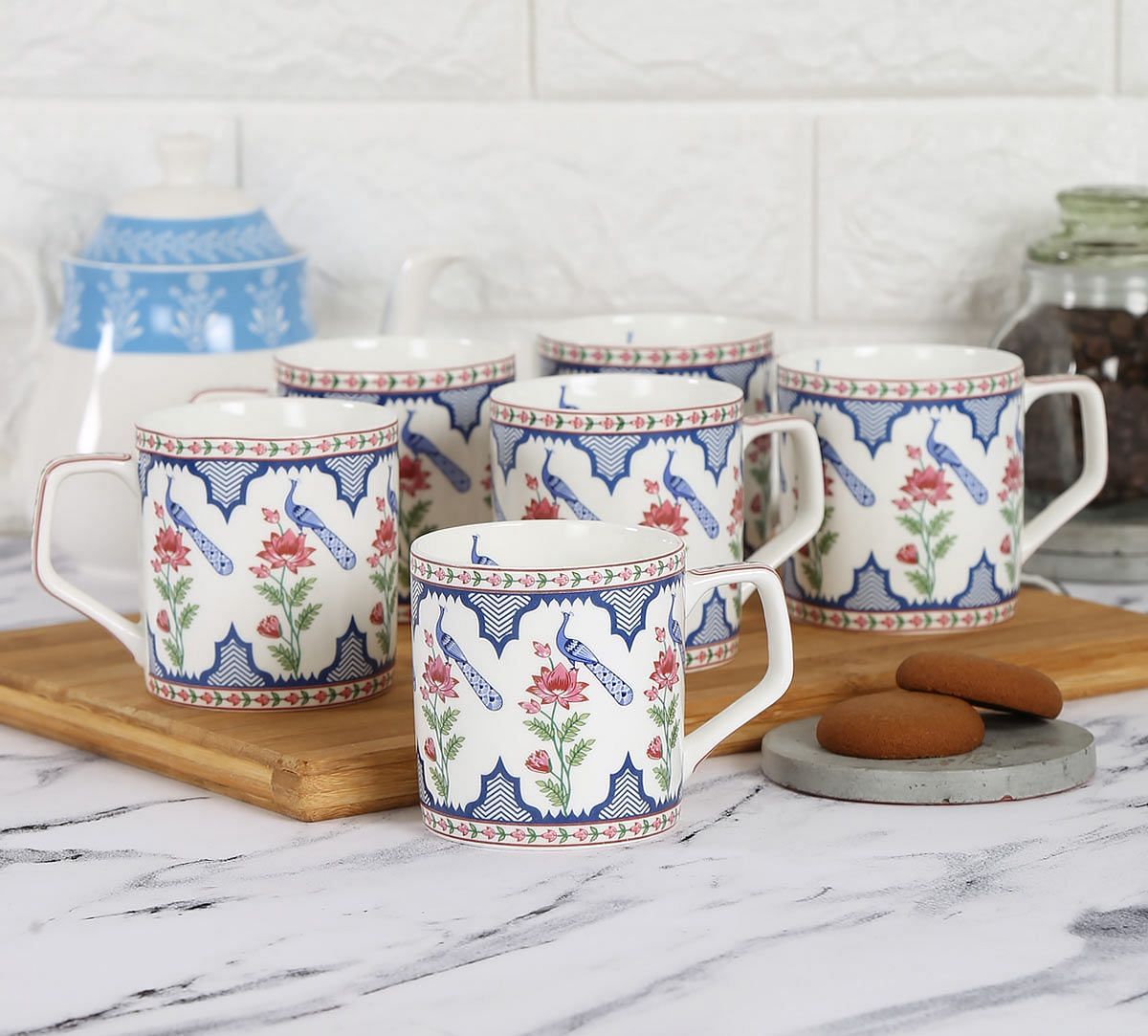 India Circus Chevron Perching Peacock Mug Set of 6