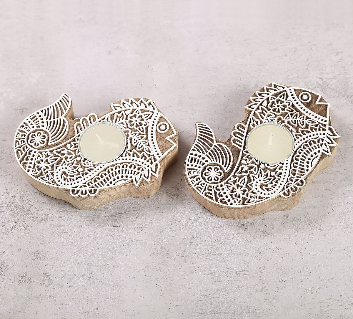 India Circus Fish Shaped Wooden Engraved Tea Light Holder Set of 2