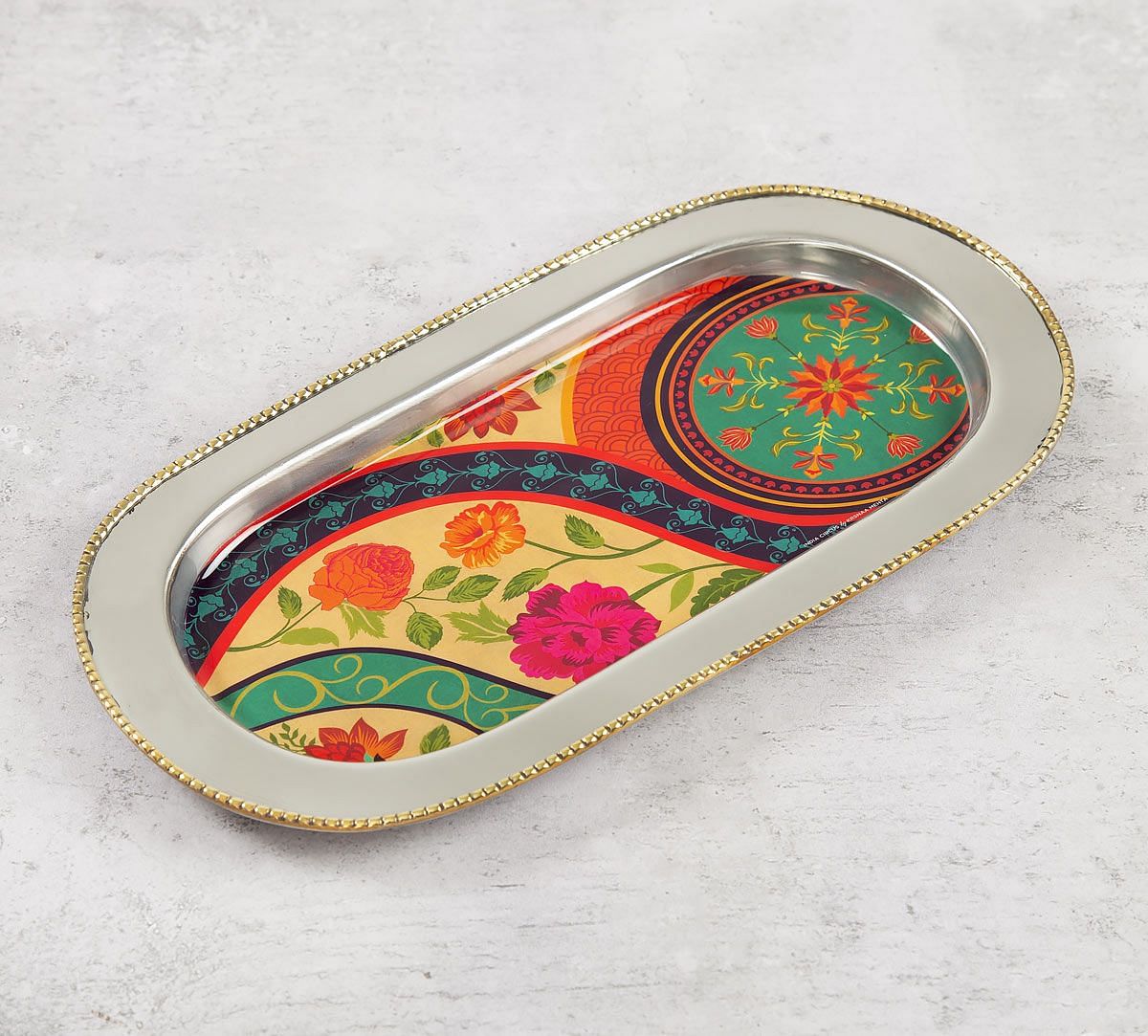 India Circus Floral Embroidery Steel Serving Tray