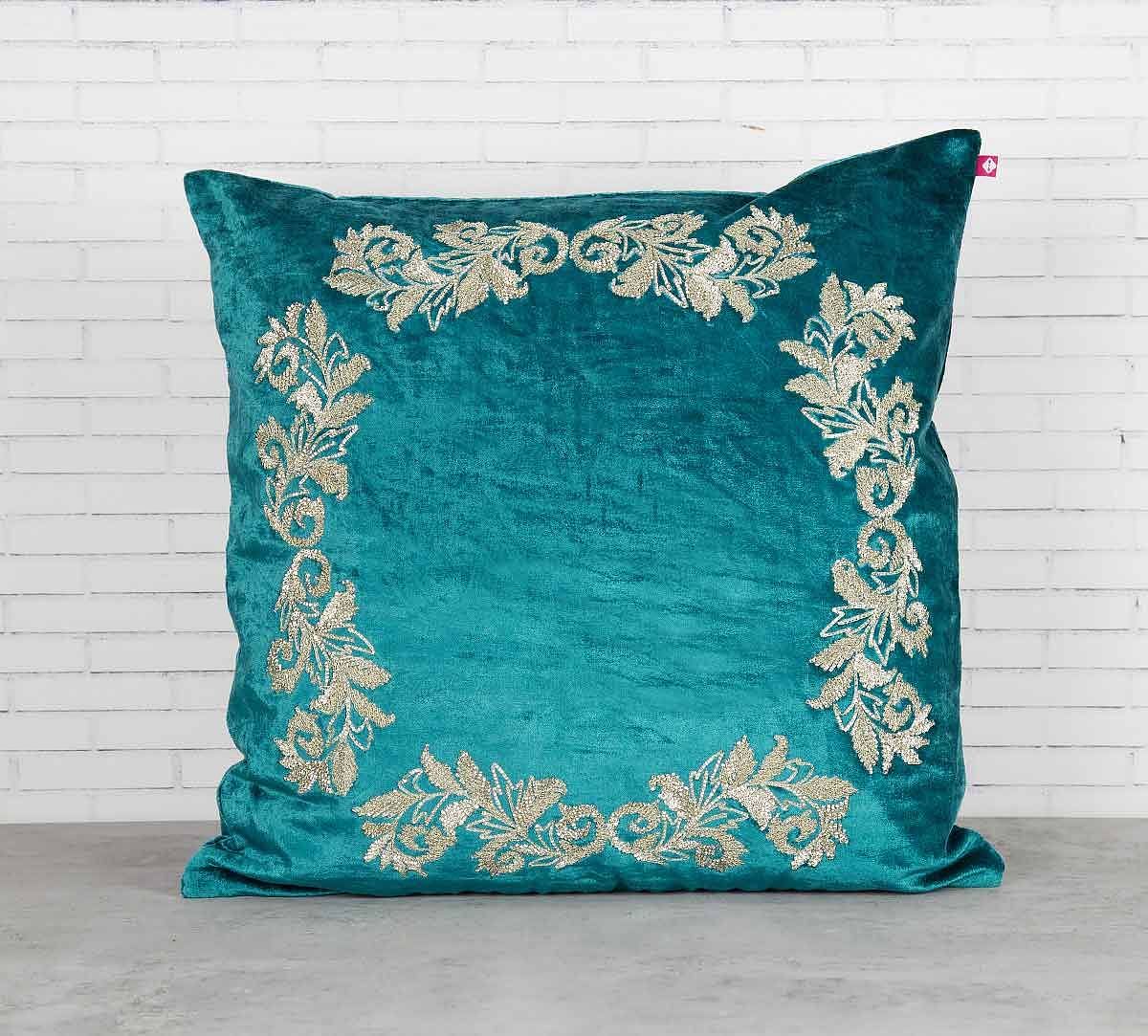 India Circus Floral Enigma Peacock Green Embroidered Velvet Cushion Cover
