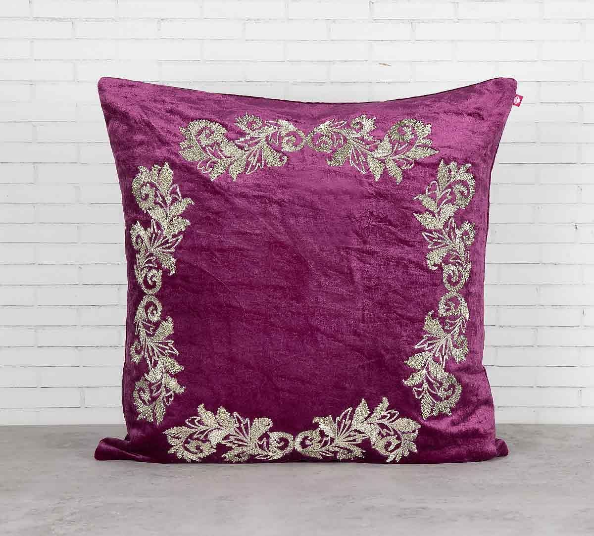 India Circus Floral Enigma Purple Embroidered Velvet Cushion Cover