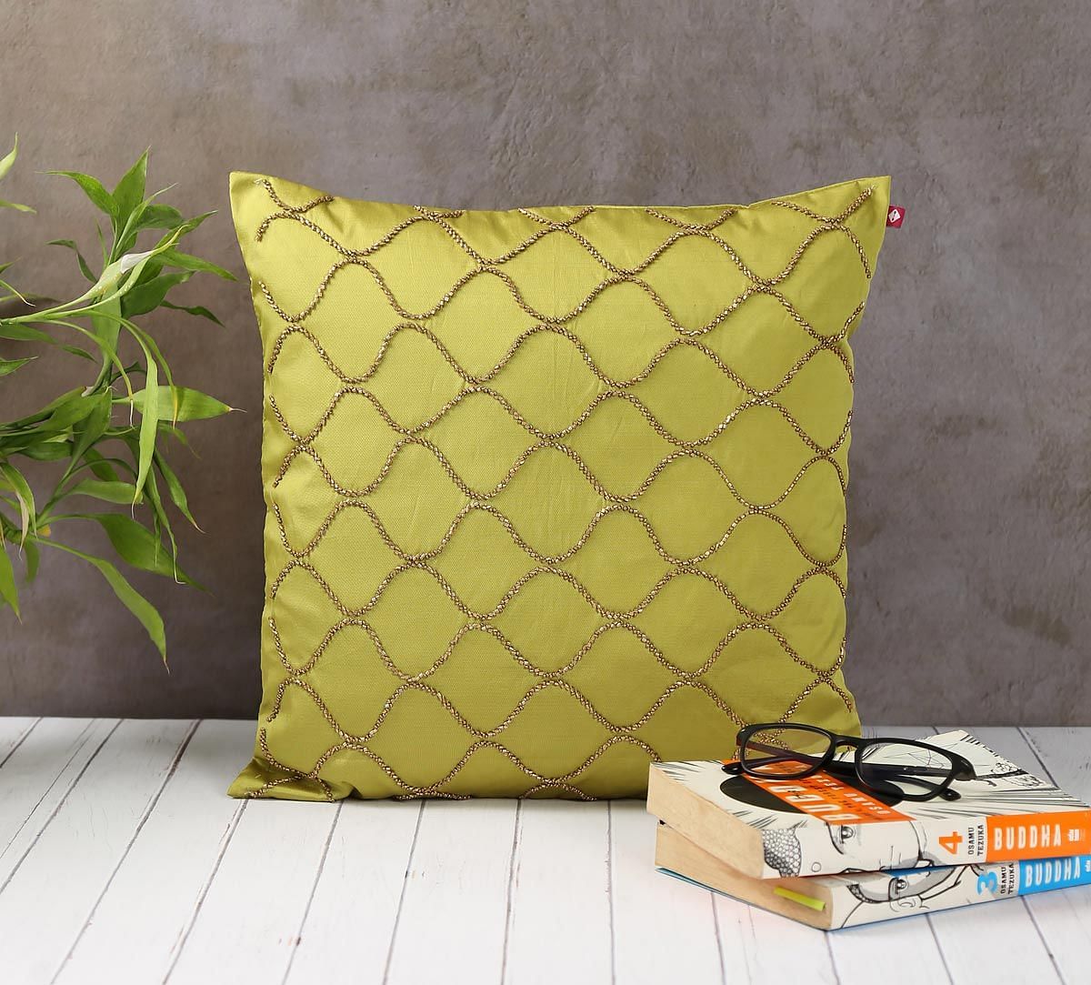 India Circus Gold Bead Olive Green Cushion Cover