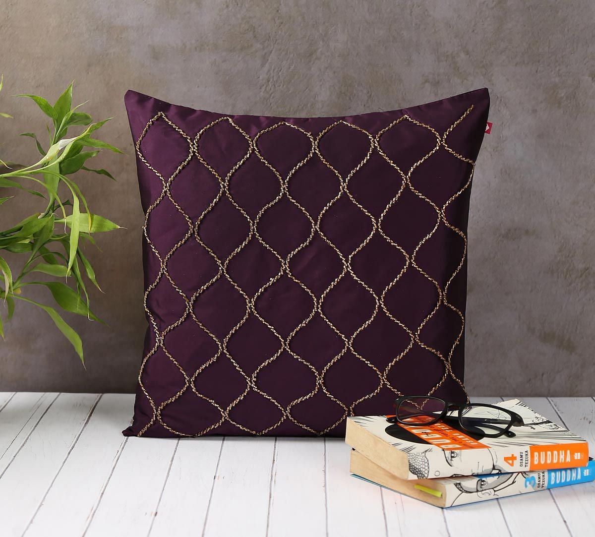 India Circus Gold Bead Purple Cushion Cover