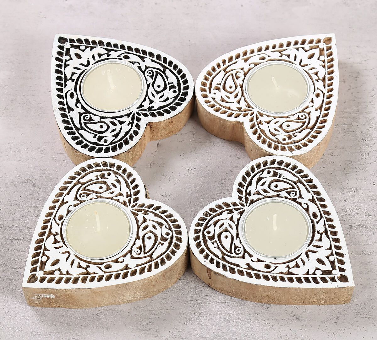 India Circus Heart Shaped Wooden Engraved Tea Light Holder Set of 4