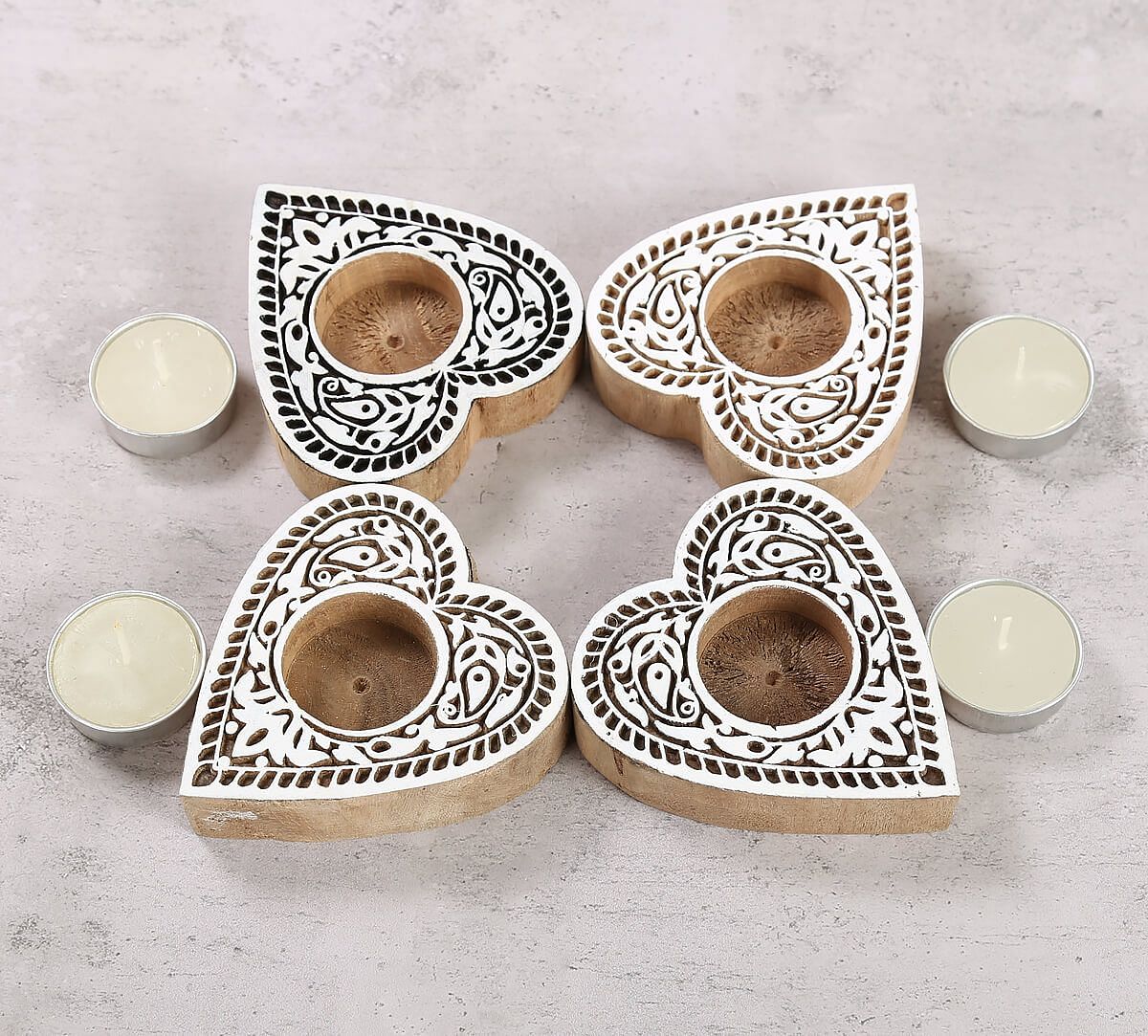 India Circus Heart Shaped Wooden Engraved Tea Light Holder Set of 4