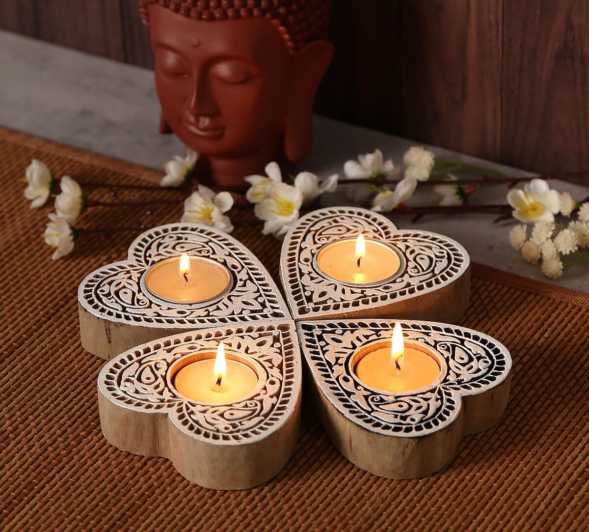 India Circus Heart Shaped Wooden Engraved Tea Light Holder Set of 4