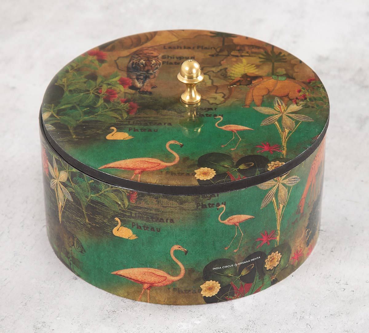 India Circus Mapping Animals Round Storage Box