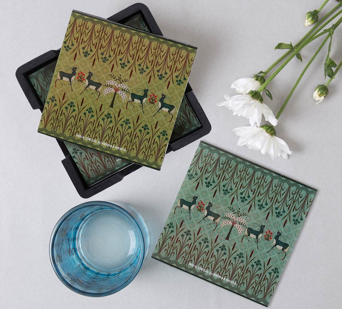India Circus Mirroring Deer Garden MDF Table Coaster Set of 6
