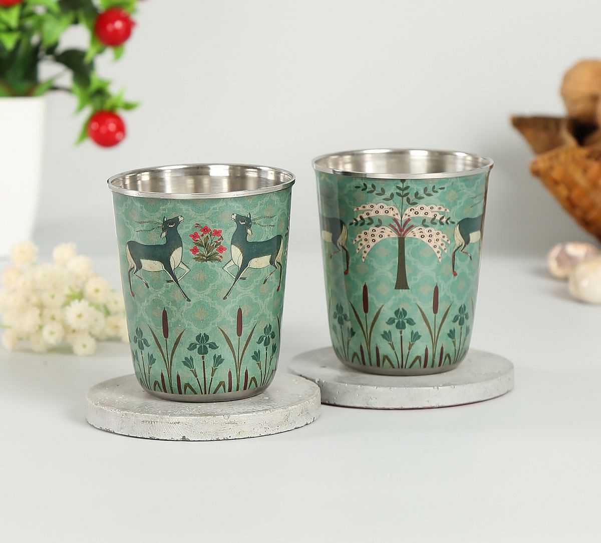 India Circus Mirroring Deer Garden Small Steel Tumbler (Set of 2)