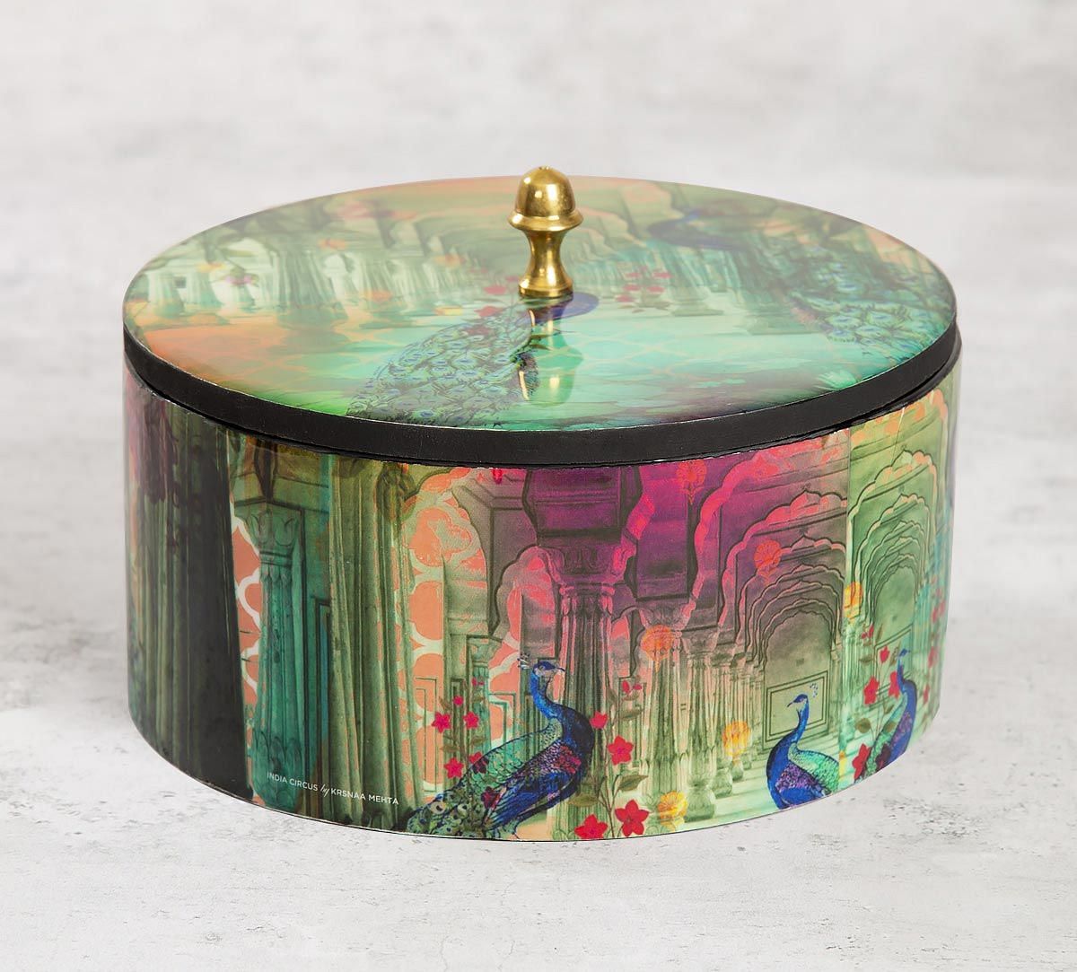 India Circus Peacock Dwar Round Storage Box