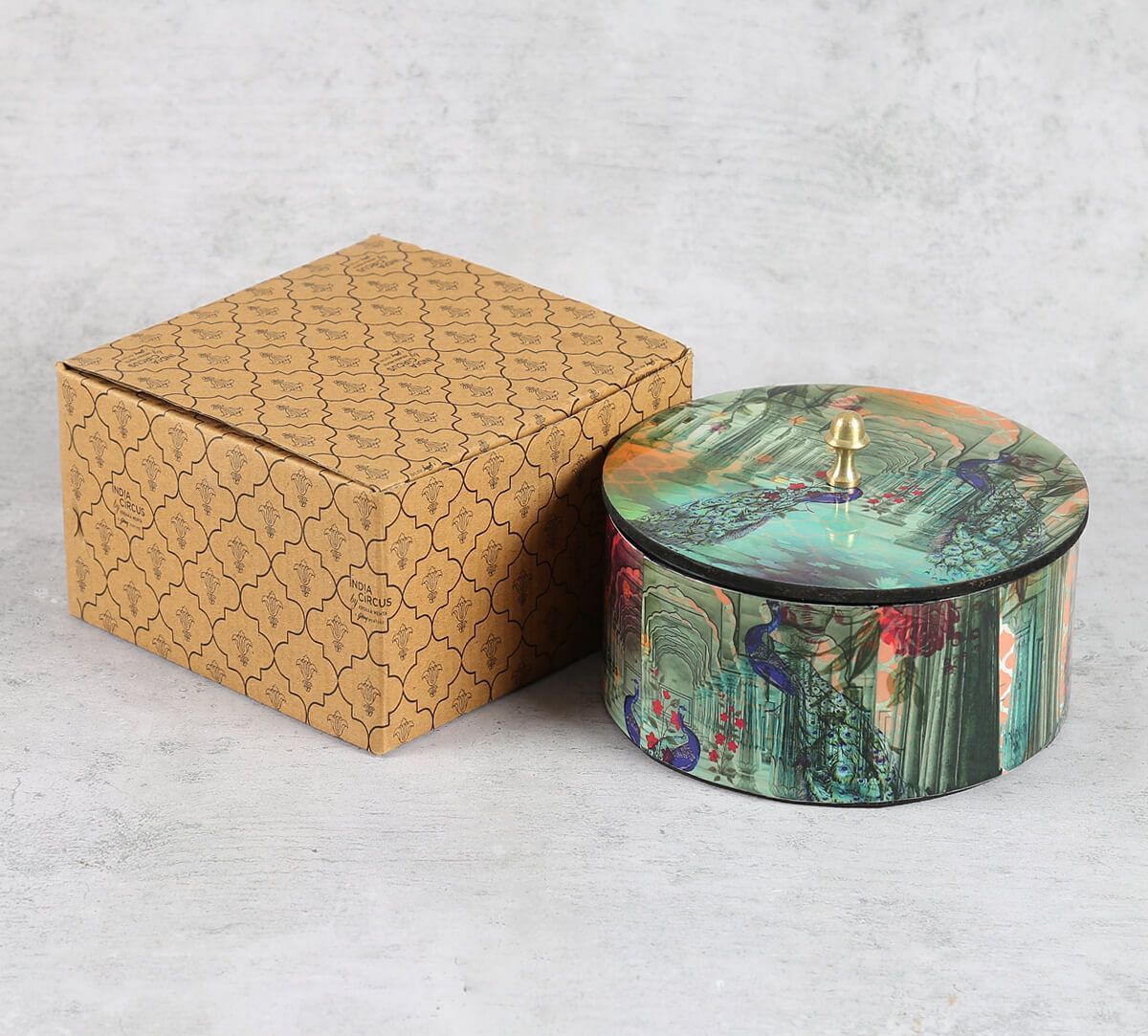 India Circus Peacock Dwar Round Storage Box