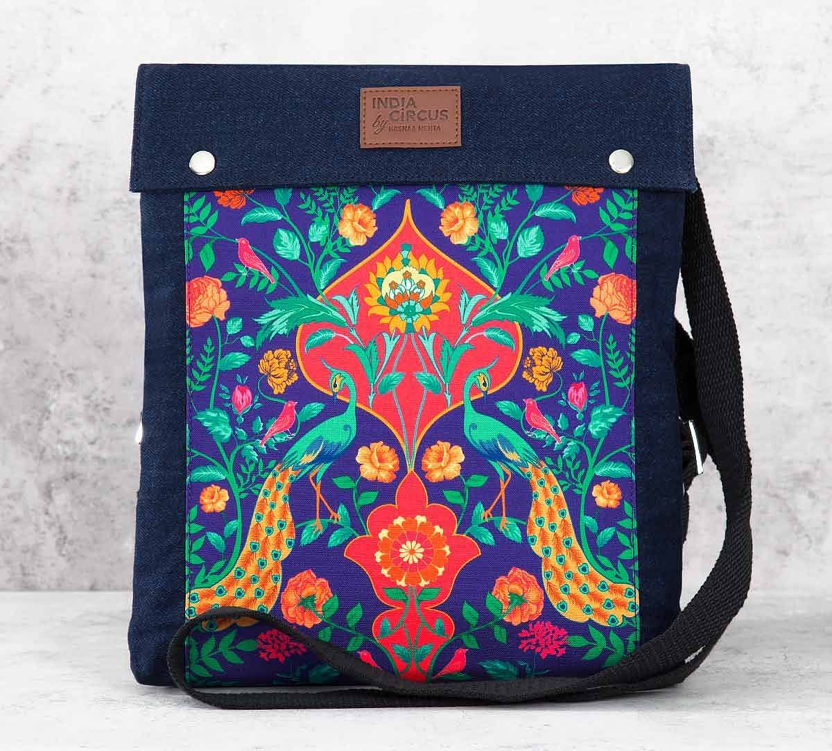 India Circus Peacock Outburst Sling Denim Backpack