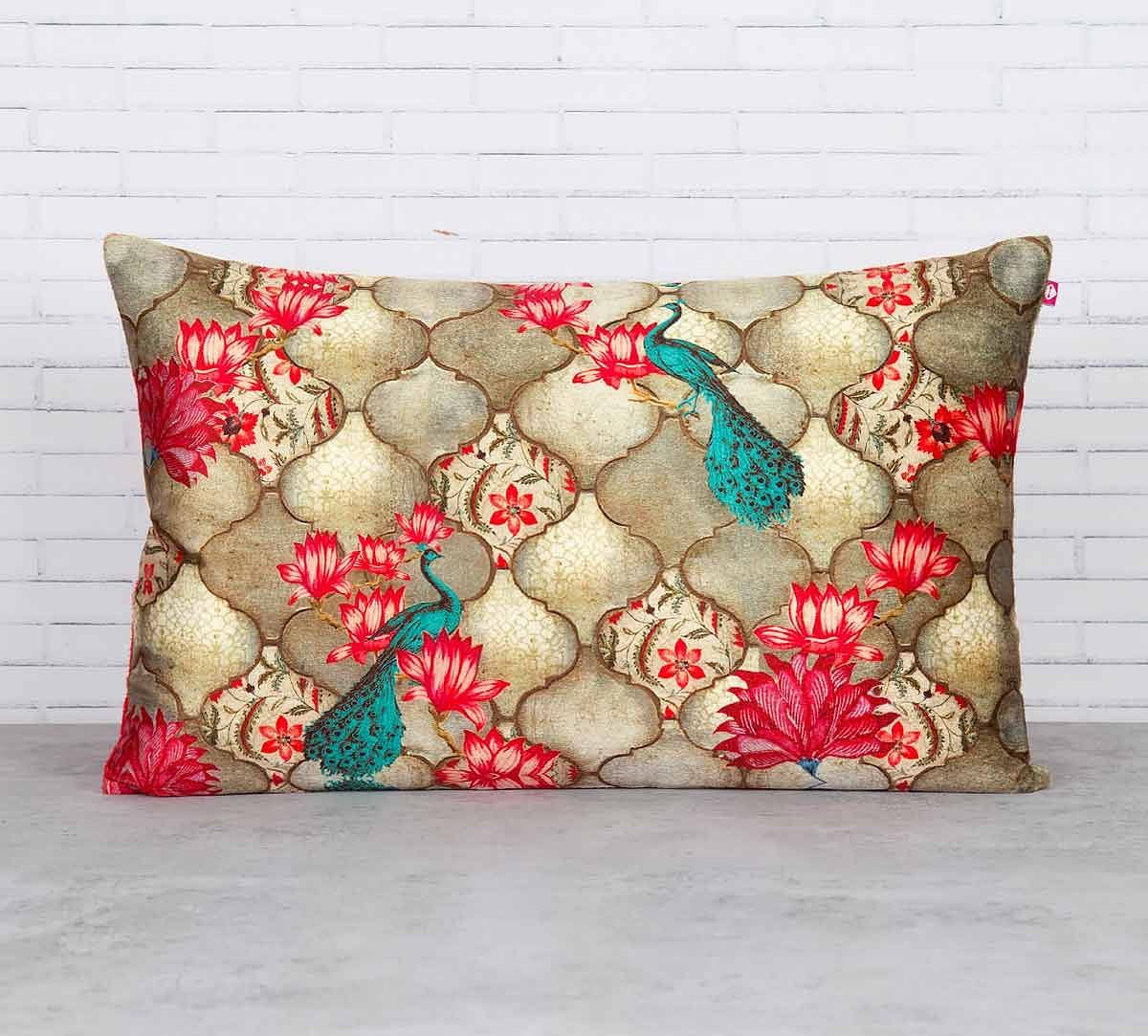 India Circus Peacocks Lotus Orchard Blended Velvet Cushion Cover